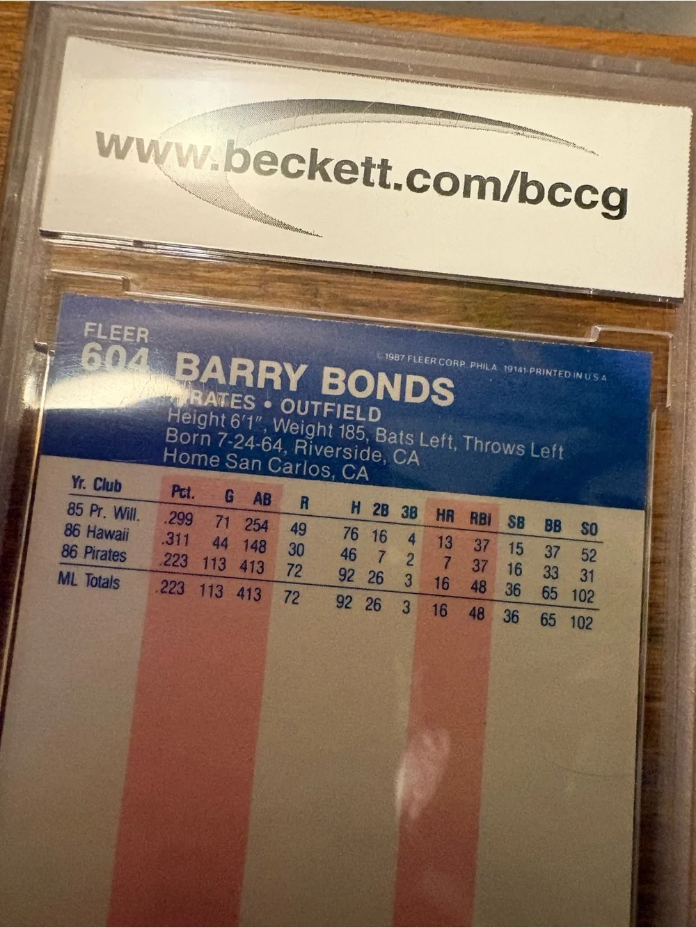 Glossy 1987 Fleer Barry Bonds “ROOKIE CARD” Baseball Card GRADED 10